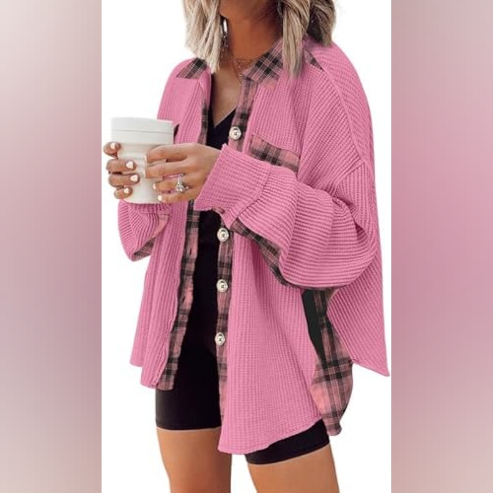 Waffle Knit Plaid Shacket Boyfriend Button Down Shirt Jacket Loose Long Sleeve T